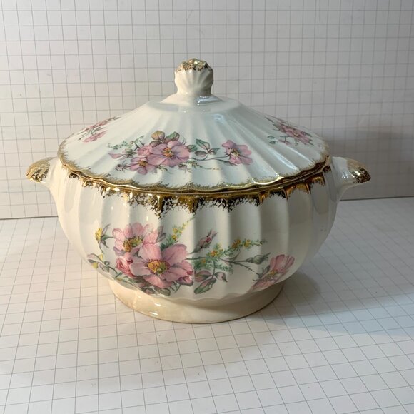 American Limoges Covered Dish Wild Rose 22K Gold Trim Vegetable Tureen 1930s VTG - Picture 8 of 11